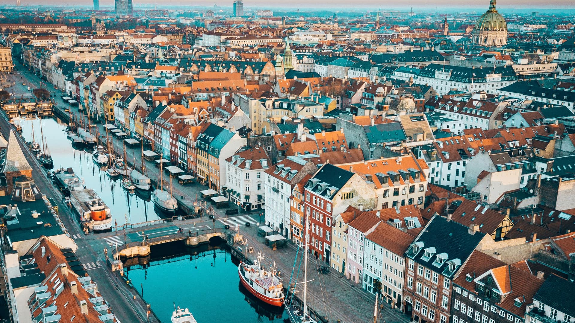 Aerial view of Nyhavn canal, Copenhagen