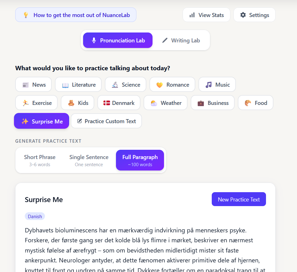 Pronunciation Lab — choose topic and length